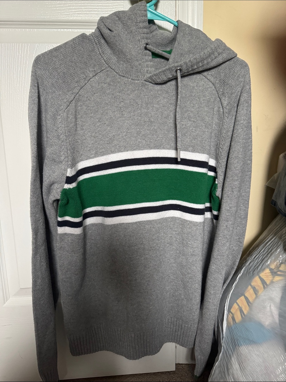 urban pipeline Gray Hoodie Sweater with Green and White Stripes